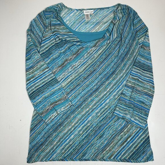 Coldwater Creek Cowl Neck Knit Top Women Teal Blue Striped Stretch Long Sleeve M - Picture 3 of 6
